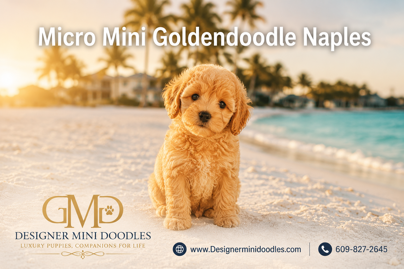Professional () editorial hero image with 'Micro Mini Goldendoodle Naples' in white with subtle drop , centered upper-third.