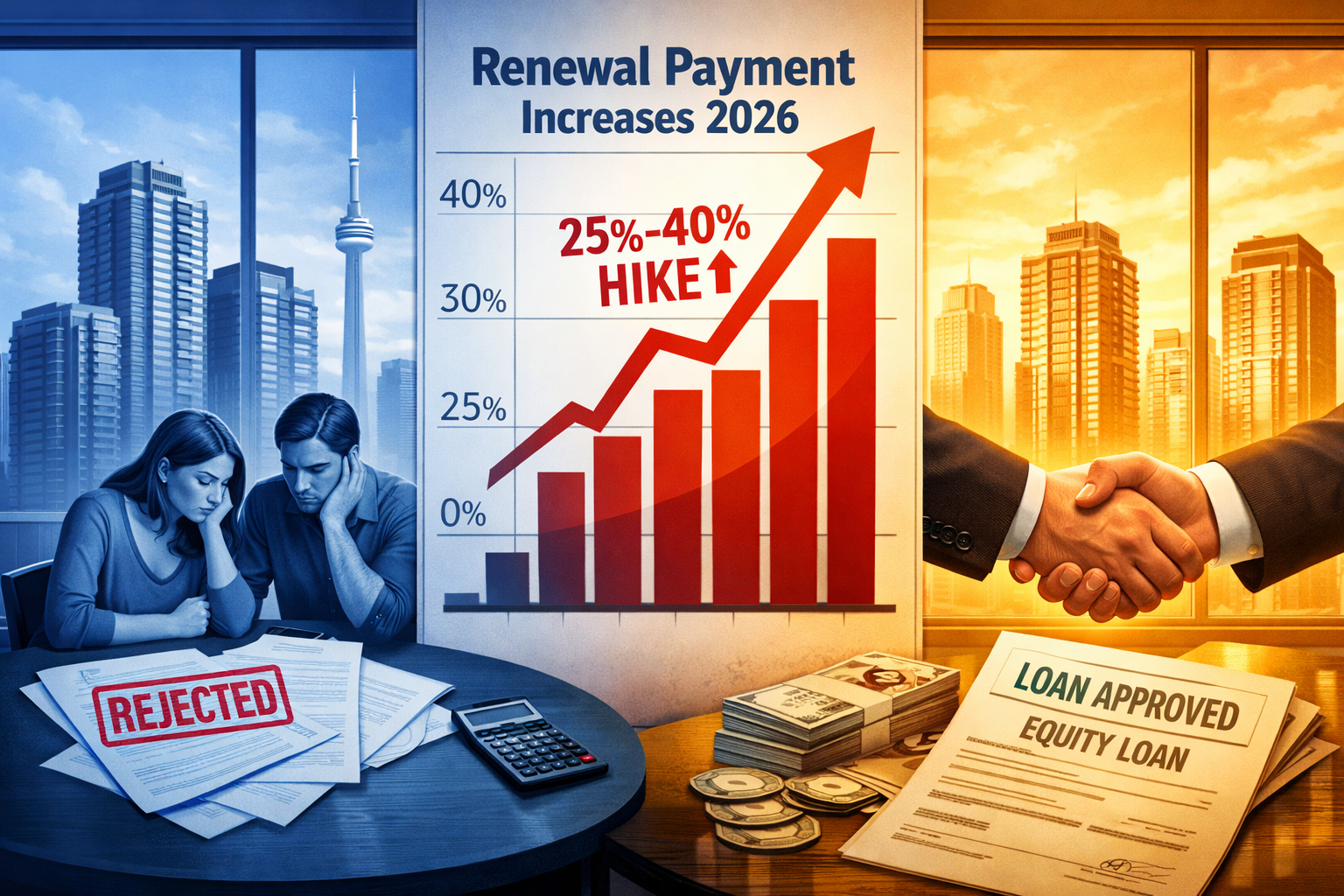 Wide-angle editorial illustration showing Toronto homeowners facing a financial crossroads: split-screen composition with