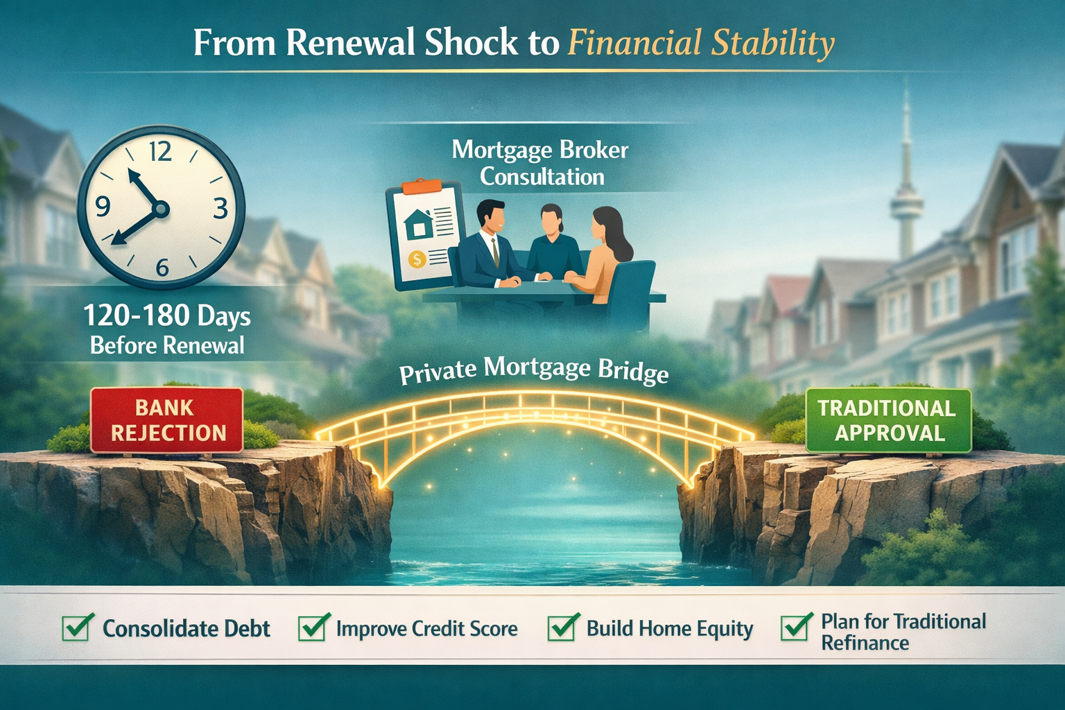 Dynamic infographic-style landscape image showing a Toronto homeowner's strategic roadmap from renewal shock to financial