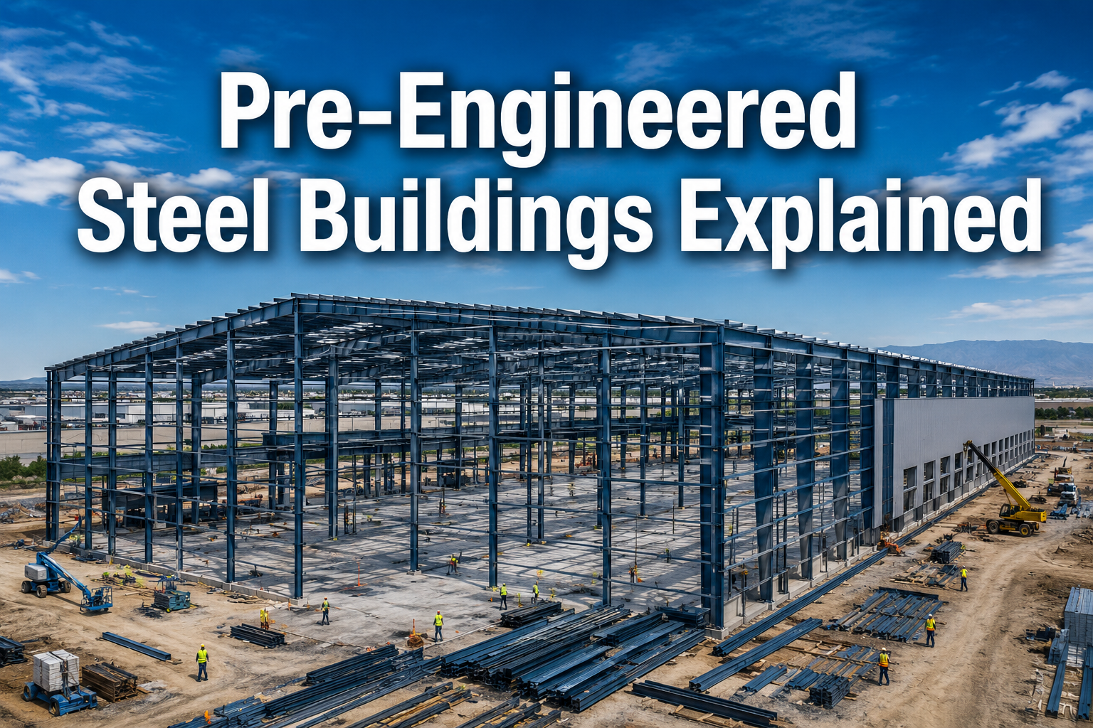 Professional () hero image featuring 'Pre-Engineered Steel Buildings Explained' in extra large white with dark drop ,
