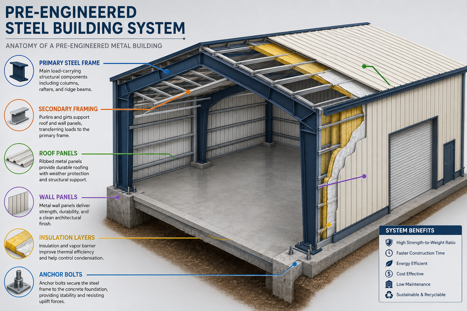 Detailed () editorial infographic-style illustration showing a cutaway cross-section of a pre-engineered steel building,