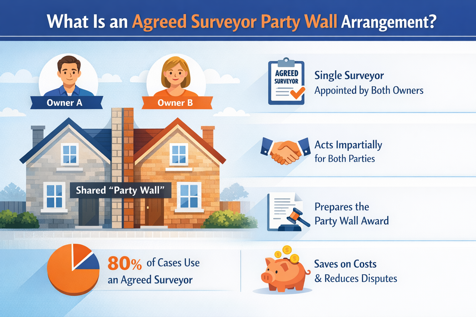 Professional landscape infographic (1536x1024) for article "Agreed Surveyor Party Wall: Your Complete Guide to Shared Surveyor Appointments 