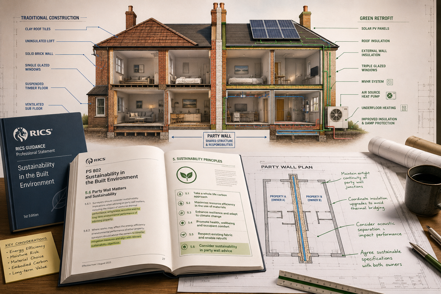 Wide () editorial illustration showing a formal RICS guidance document open on a surveyor's desk beside a party wall