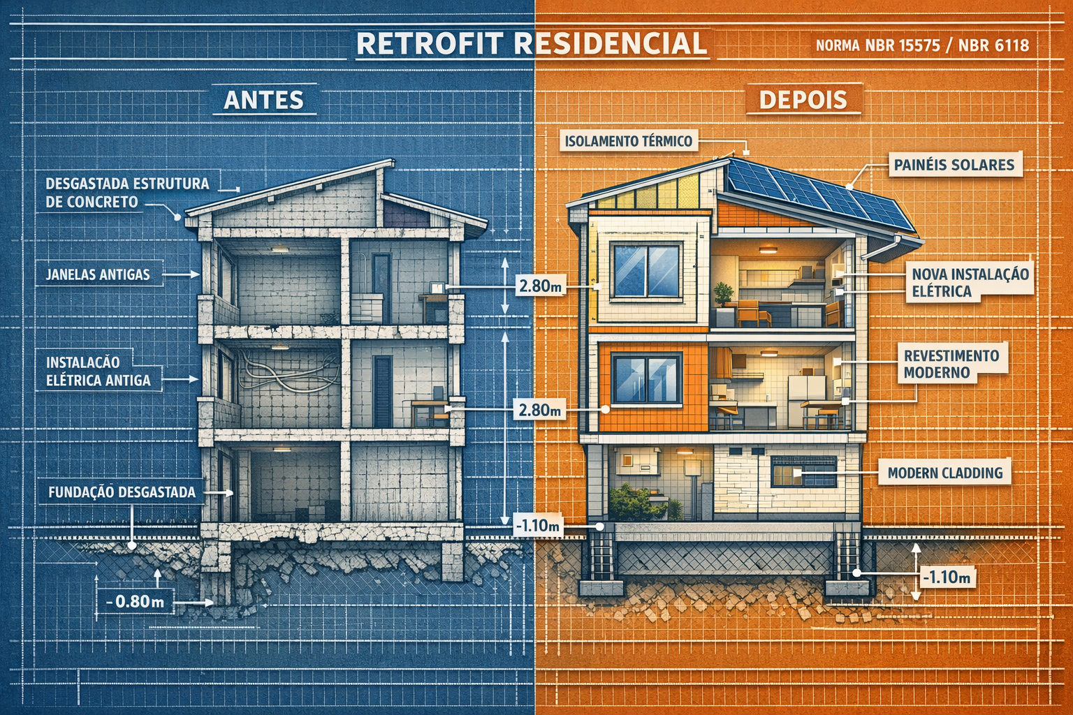 Detailed () image showing architectural cross-section diagram of urban residential building retrofit process, split-view