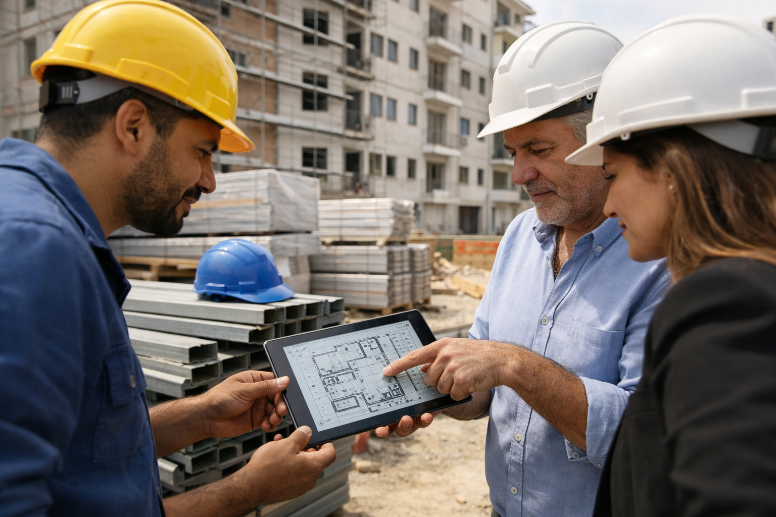 Wide () photograph of Brazilian construction workers and property developers reviewing renovation plans on tablet device at