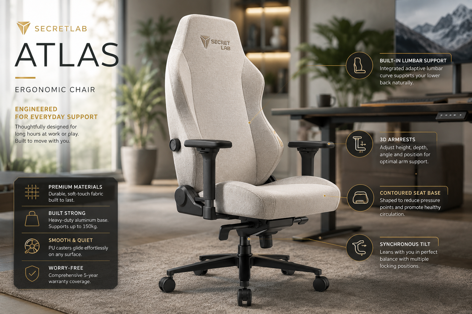 Landscape format (1536x1024) editorial illustration showing the Secretlab Atlas ergonomic chair from a three-quarter angle in a bright professional home office setting, neutral linen upholstery, high-back silhouette with contoured lumbar curve, 3D armrests visible, synchronous tilt mechanism detail callout labels floating beside key features. Background: blurred open-plan office with plants and a standing desk. Color palette: warm white, slate gray, gold accent lines. Clean product-reveal aesthetic, technical diagram style with photorealistic chair rendering.