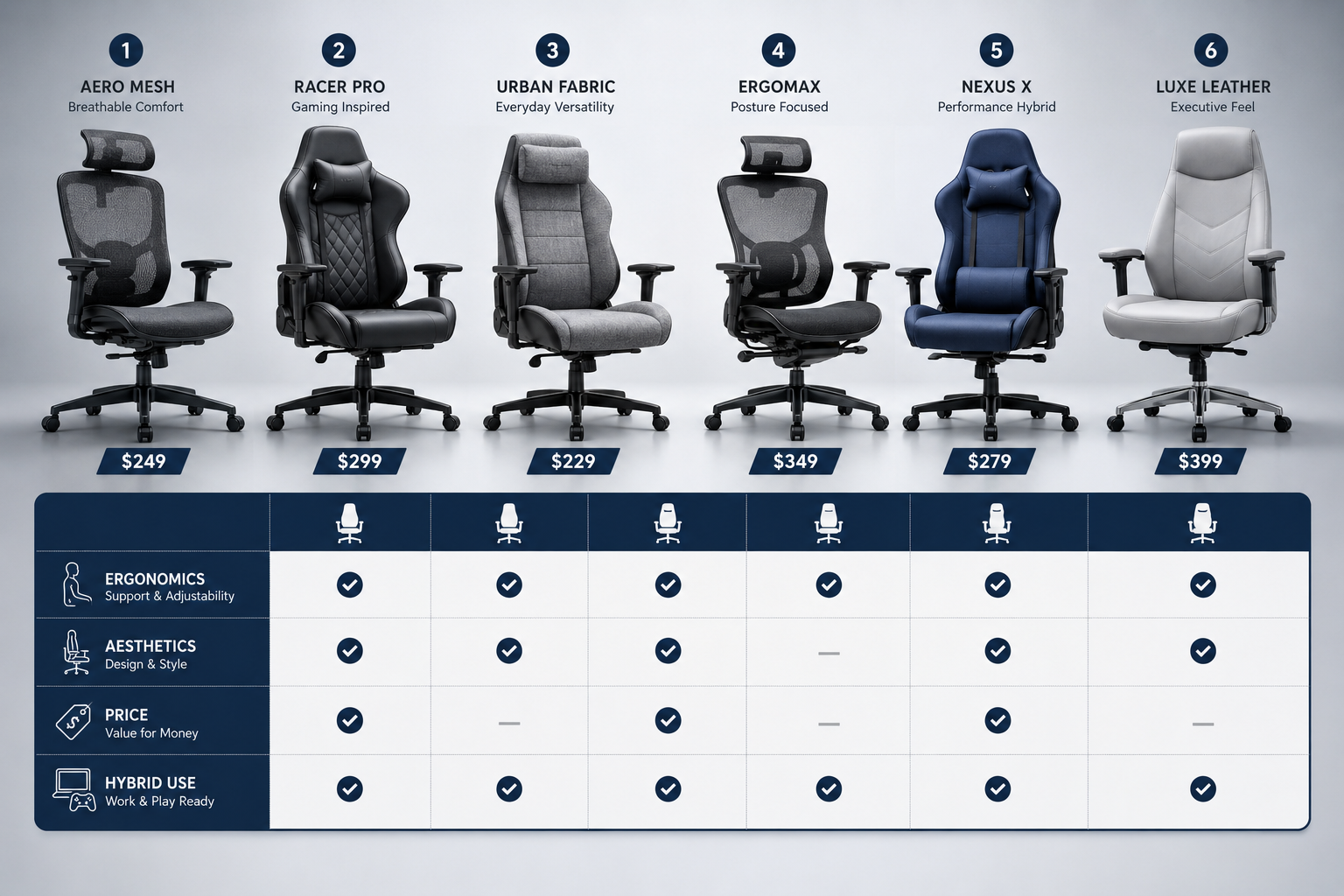 Landscape format (1536x1024) comparison scene showing a side-by-side visual grid of six different hybrid gaming and office chairs arranged in a clean showroom-style environment, varied silhouettes including mesh-back, leather, and fabric models, small price tags visible beneath each chair, subtle brand-neutral design. Background: soft gradient light gray studio backdrop. Foreground overlay: a simple comparison table graphic with checkmark columns for 'Ergonomics', 'Aesthetics', 'Price', 'Hybrid Use'. Color palette: cool gray, white, deep navy. Infographic-editorial hybrid style, high resolution.

How the Atlas Compares to Other Hybrid Gaming and Office Chairs in 2026