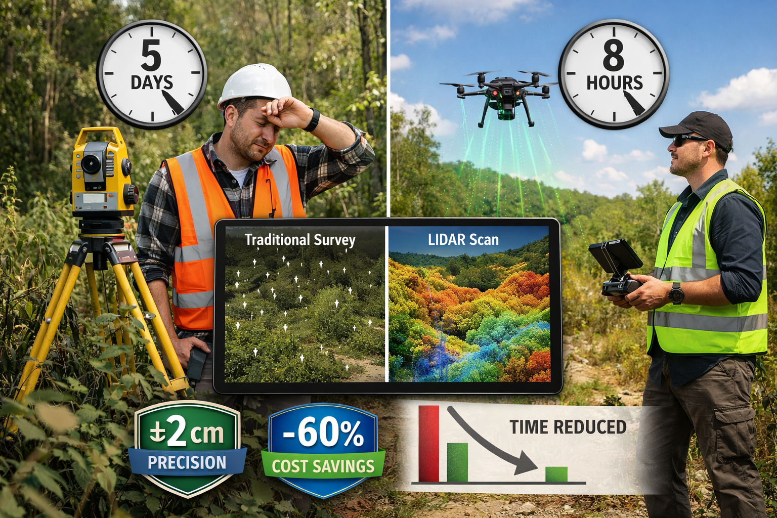 Detailed landscape format (1536x1024) image showing side-by-side comparison of traditional land surveying versus drone LiDAR surveying. Left