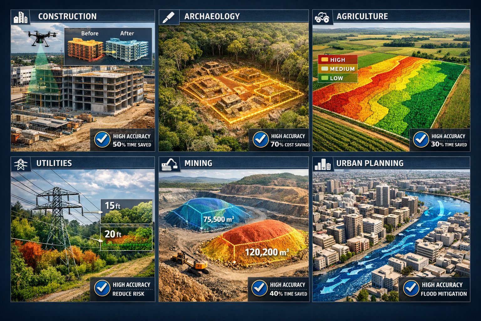 Detailed landscape format (1536x1024) composite image showing real-world applications of drone LiDAR across multiple industries. Divided int