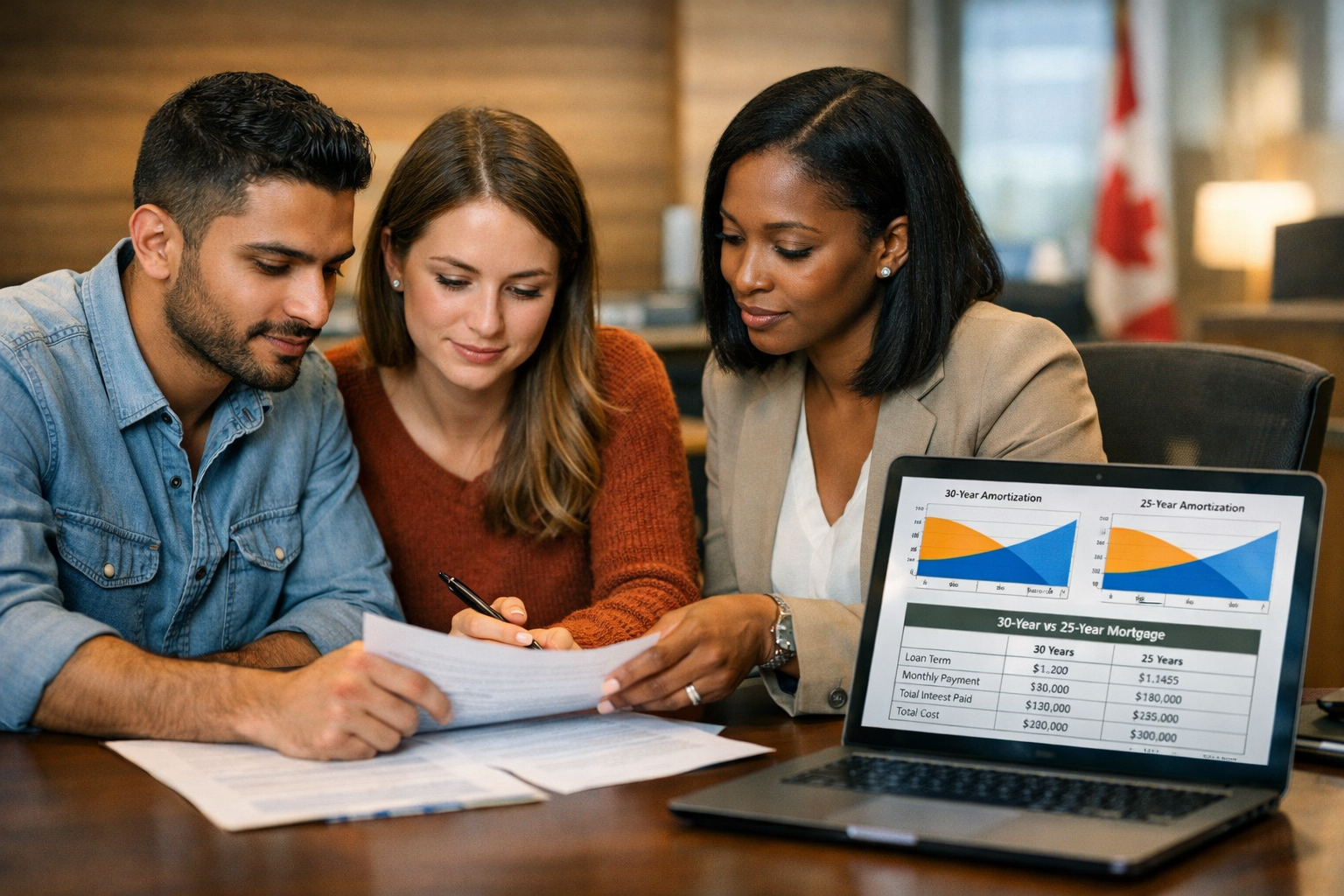 () editorial photograph showing a diverse group of three Canadian homebuyers — a young couple and a single professional —