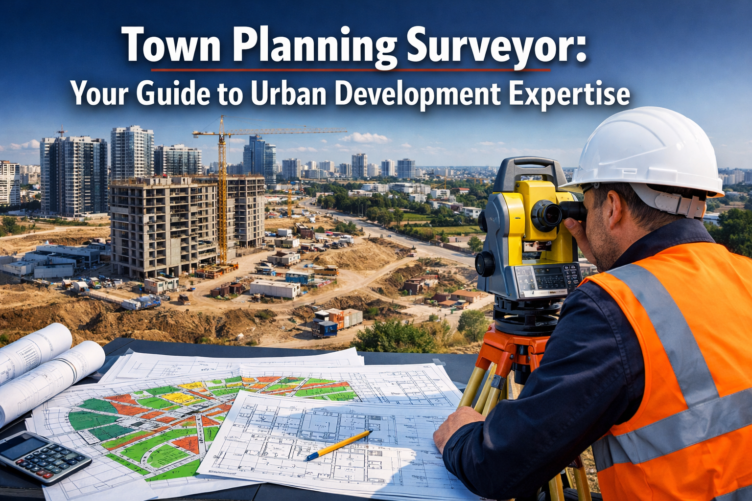 Professional landscape hero image (1536x1024) featuring bold text overlay 'Town Planning Surveyor: Your Guide to Urban Development Expertise