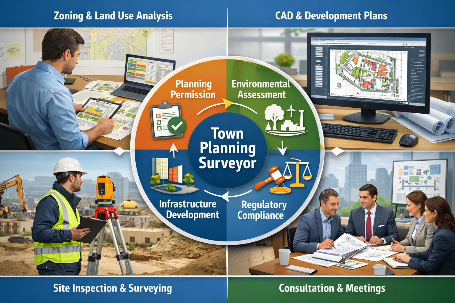 Detailed landscape infographic (1536x1024) showing the role and responsibilities of a town planning surveyor with four quadrants: top-left d