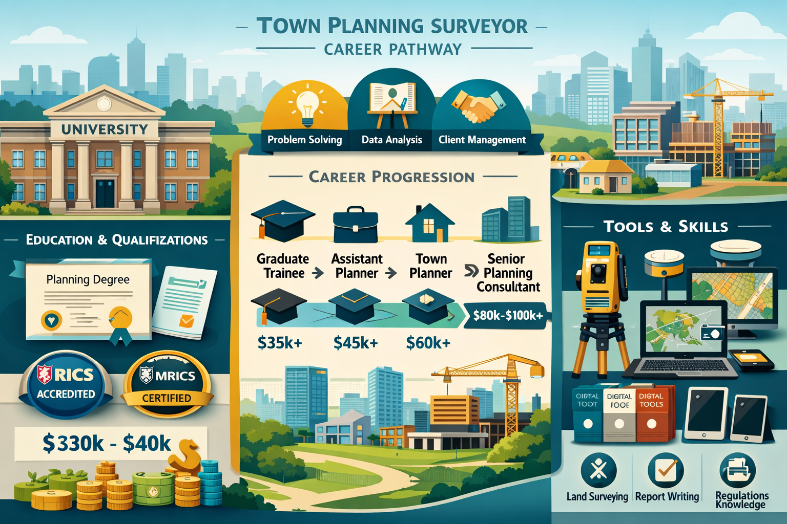 Comprehensive landscape illustration (1536x1024) depicting the town planning surveyor career pathway and qualifications journey. Left side s