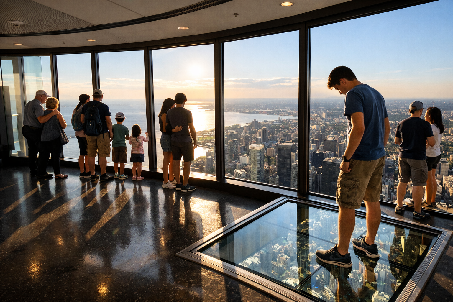 Detailed landscape format (1536x1024) editorial photograph of the CN Tower Main Observation Level interior showing visitors looking out floo