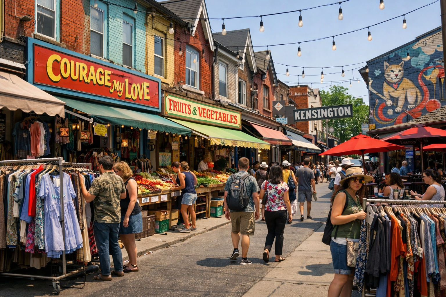 Detailed landscape format (1536x1024) editorial street-level photograph of Kensington Market in Toronto showing the colorful Victorian-era s