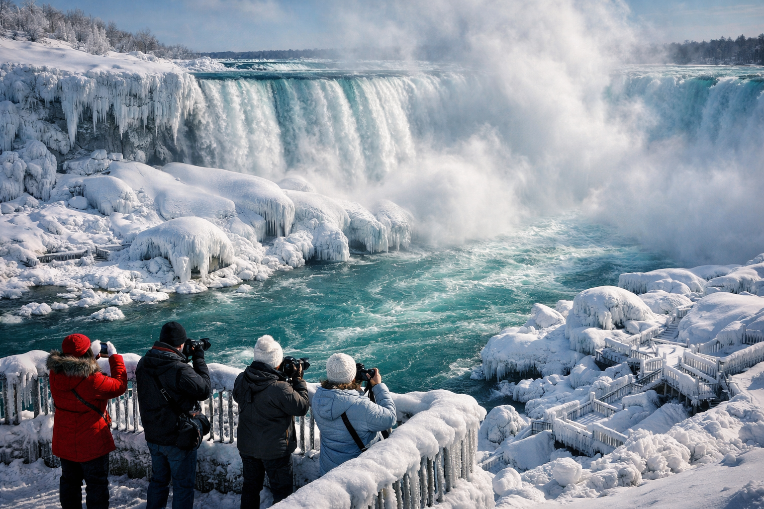 Detailed landscape format (1536x1024) editorial photograph of Niagara Falls in winter 2026 showing spectacular ice formations at the base of