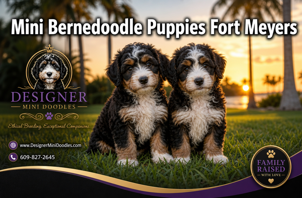 Professional () hero image with 'Mini Bernedoodle Puppies Fort Meyers' in white with dark drop , centered upper third.