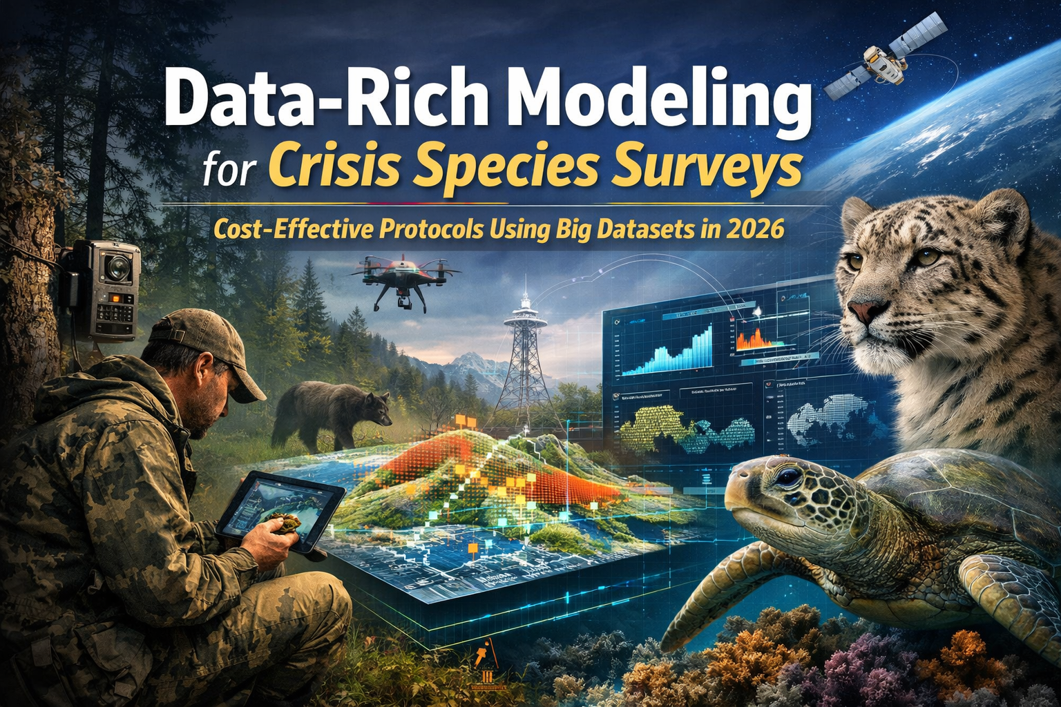 Professional landscape hero image () with : "Data-Rich Modeling for Crisis Species Surveys: Cost-Effective Protocols Using
