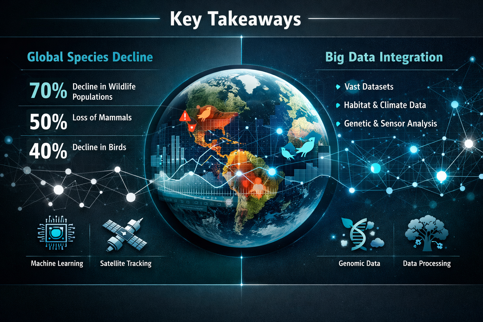 Key Takeaways section infographic visualizing data-rich biodiversity modeling impact. Split-screen design with left side