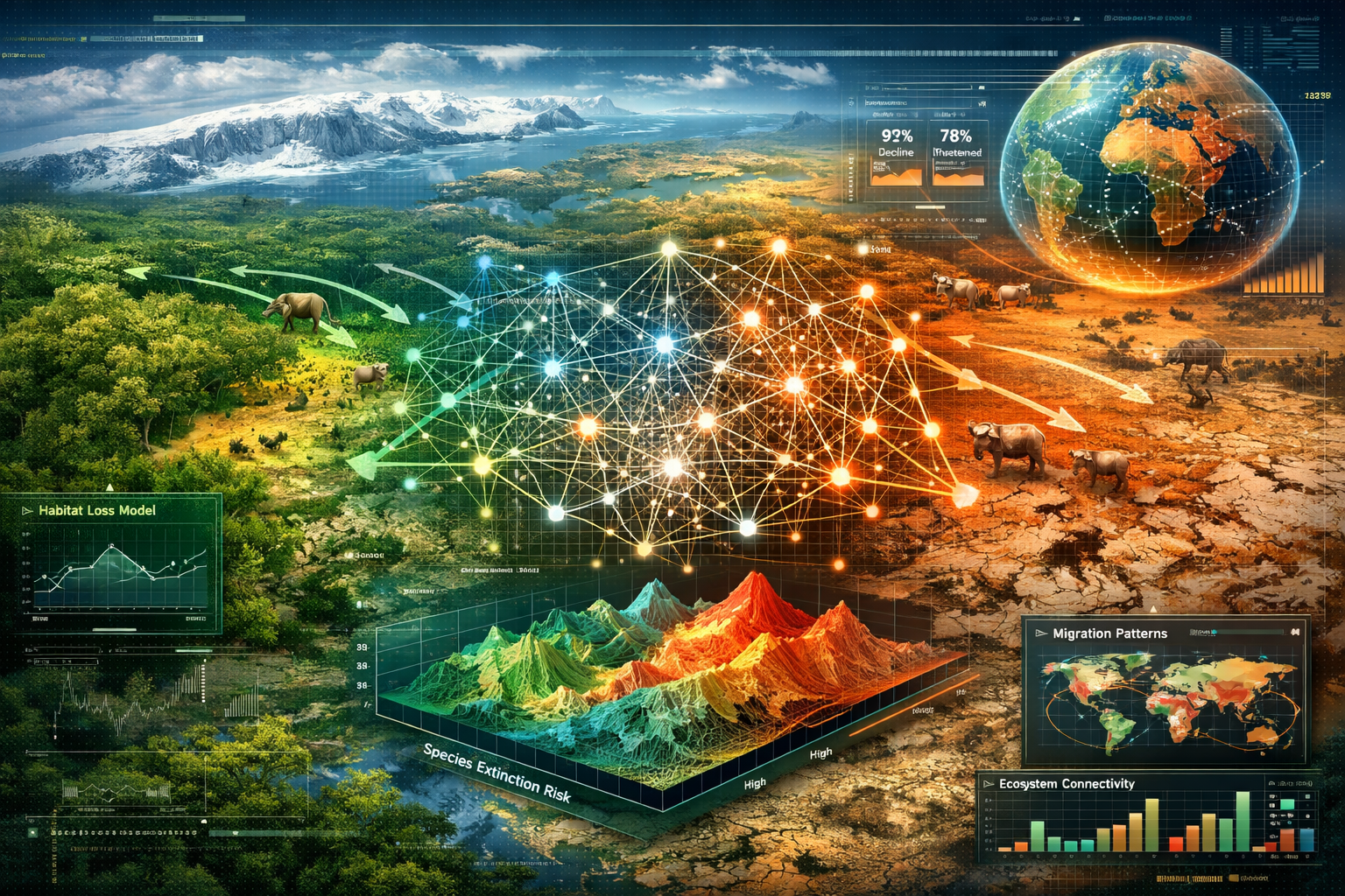 Section two visualization depicting global biodiversity crisis through an expansive, data-rich landscape illustration.