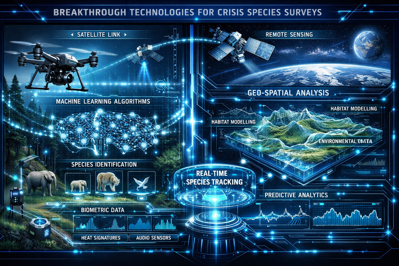 Section three technical illustration showcasing breakthrough technologies for crisis species surveys. Futuristic