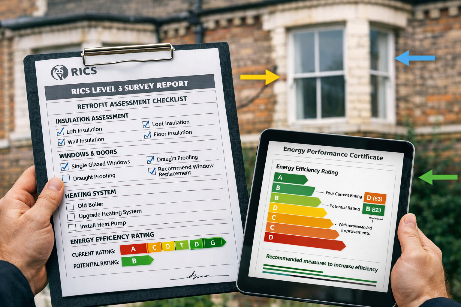 Detailed () editorial image showing close-up of professional building surveyor's hands holding comprehensive RICS Level 3