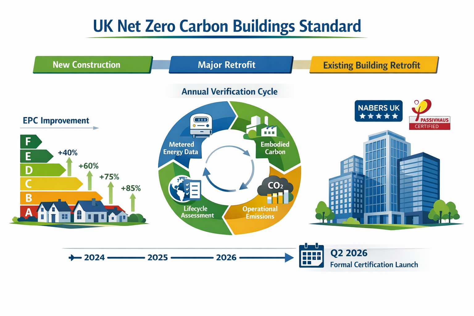 Comprehensive () infographic-style image displaying UK Net Zero Carbon Buildings Standard framework diagram with three