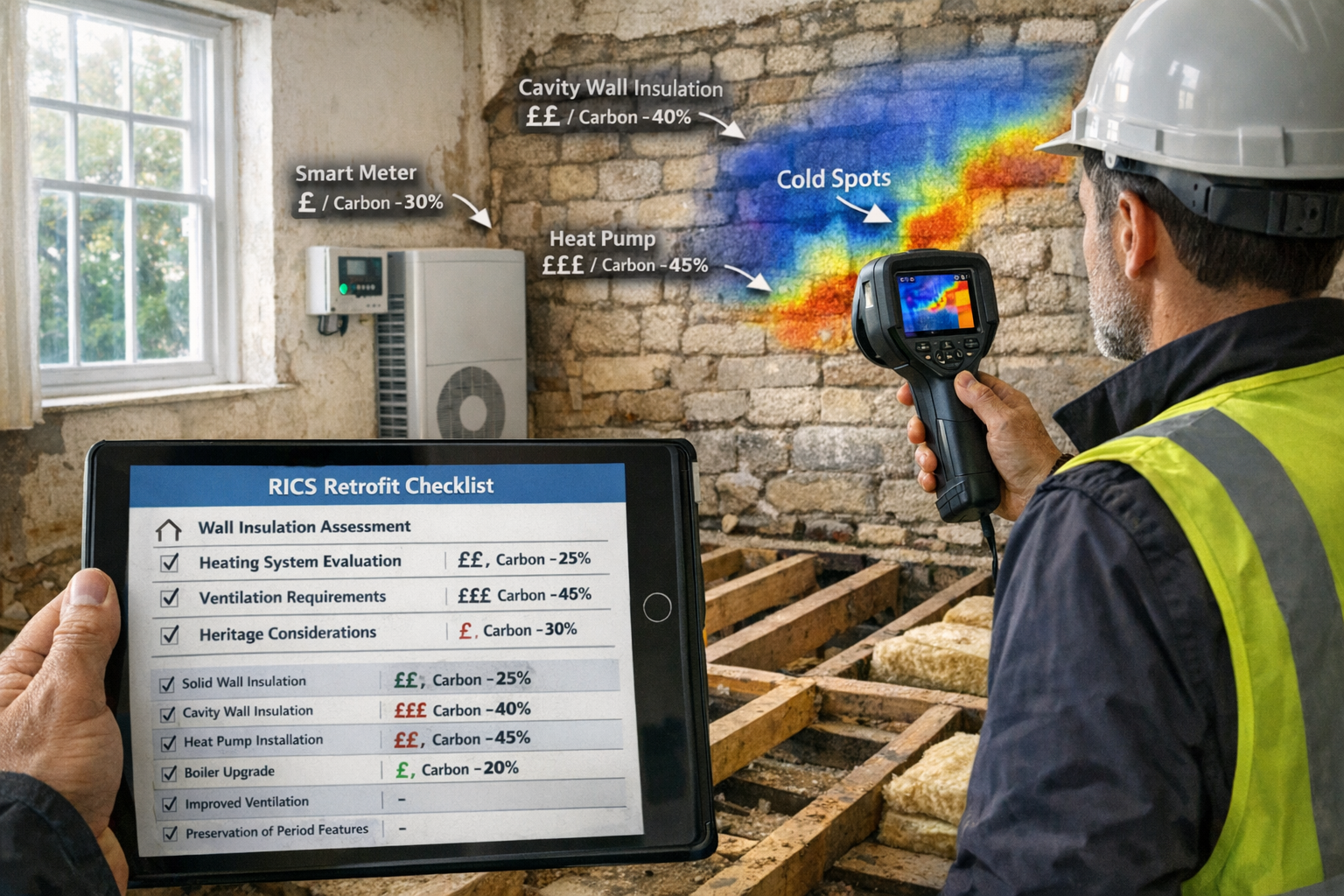 Detailed () practical implementation scene showing building surveyor conducting internal retrofit assessment in period