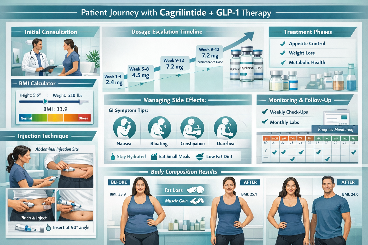 Practical application guide illustration (1536x1024) showing patient journey flowchart from initial consultation through treatment phases wi