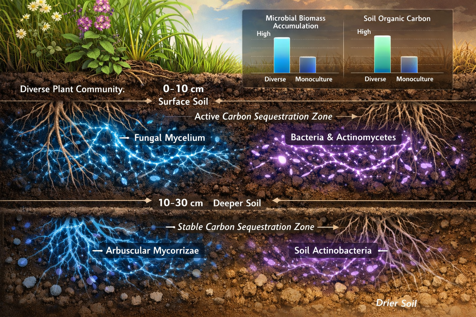 () detailed scientific illustration showing cross-section of soil layers at 0-10cm and 10-30cm depths with labeled microbial