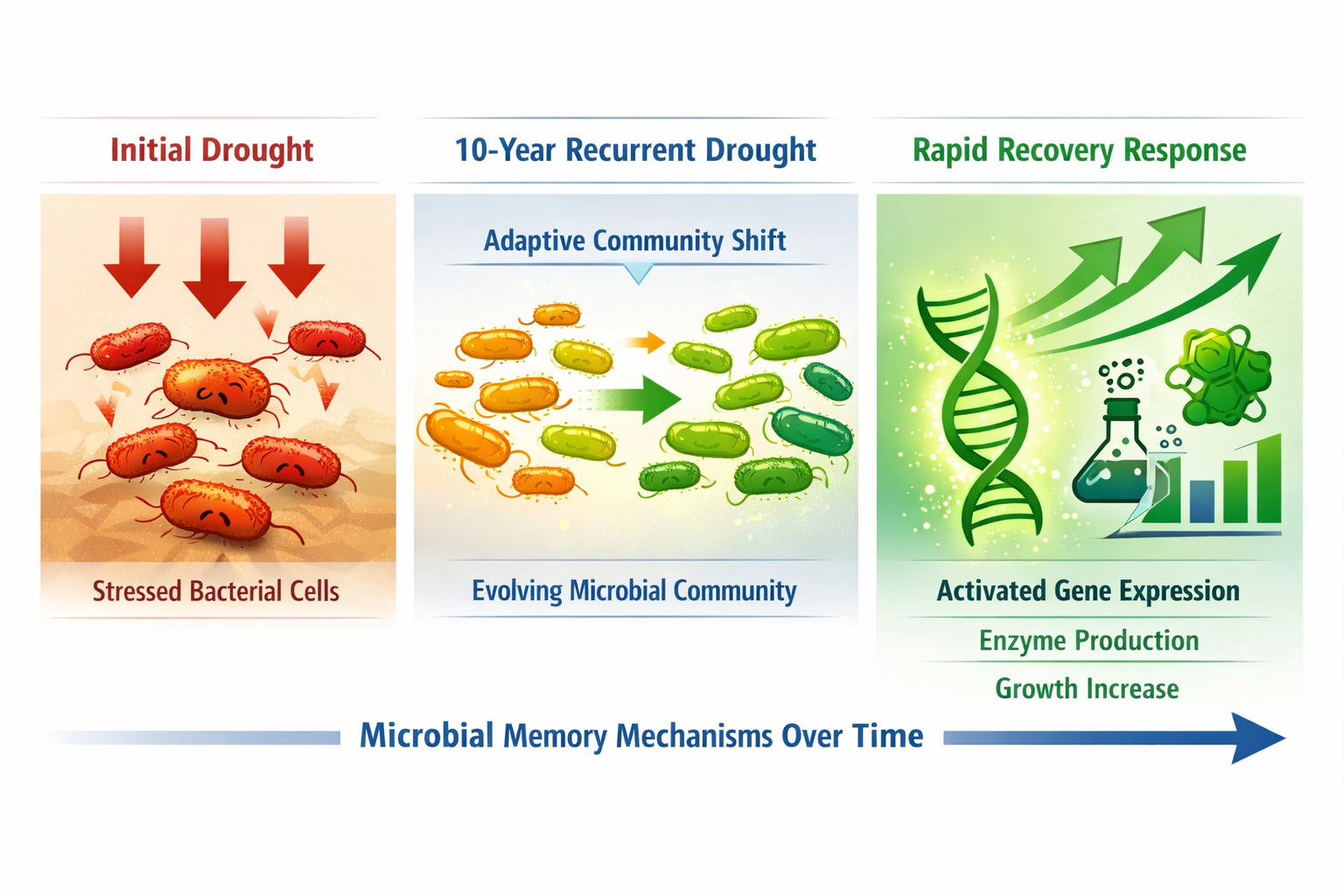 () conceptual diagram illustrating microbial memory mechanisms across timeline. Left panel shows initial drought event with