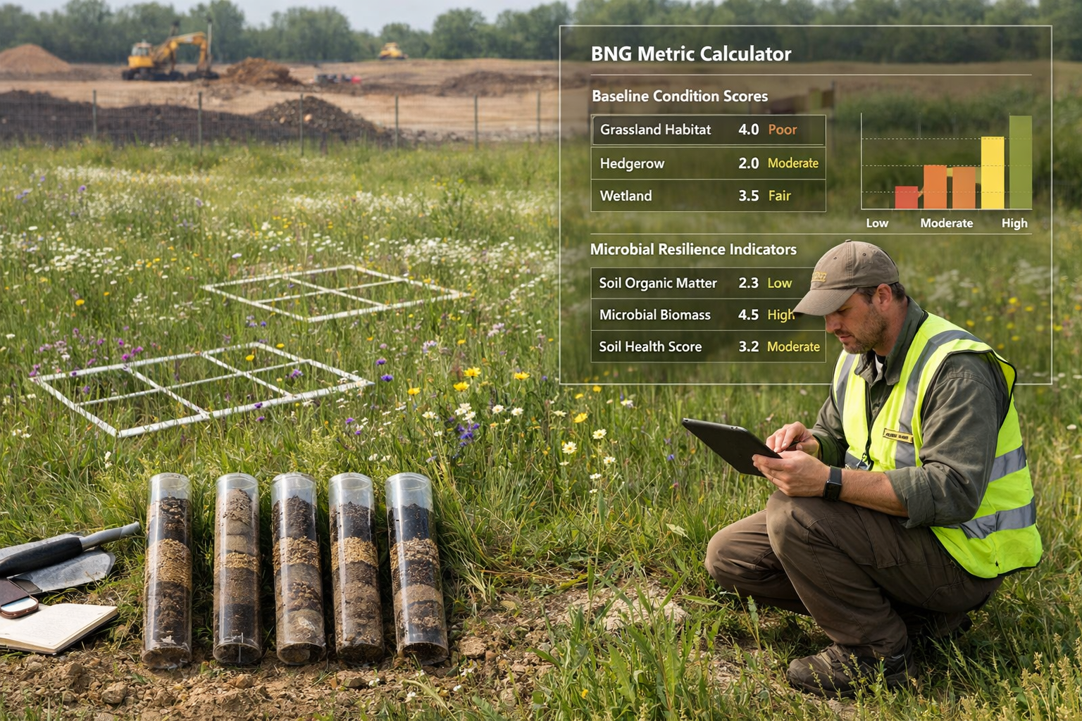 () practical field assessment scene showing biodiversity surveyor using tablet technology to map soil sampling points across