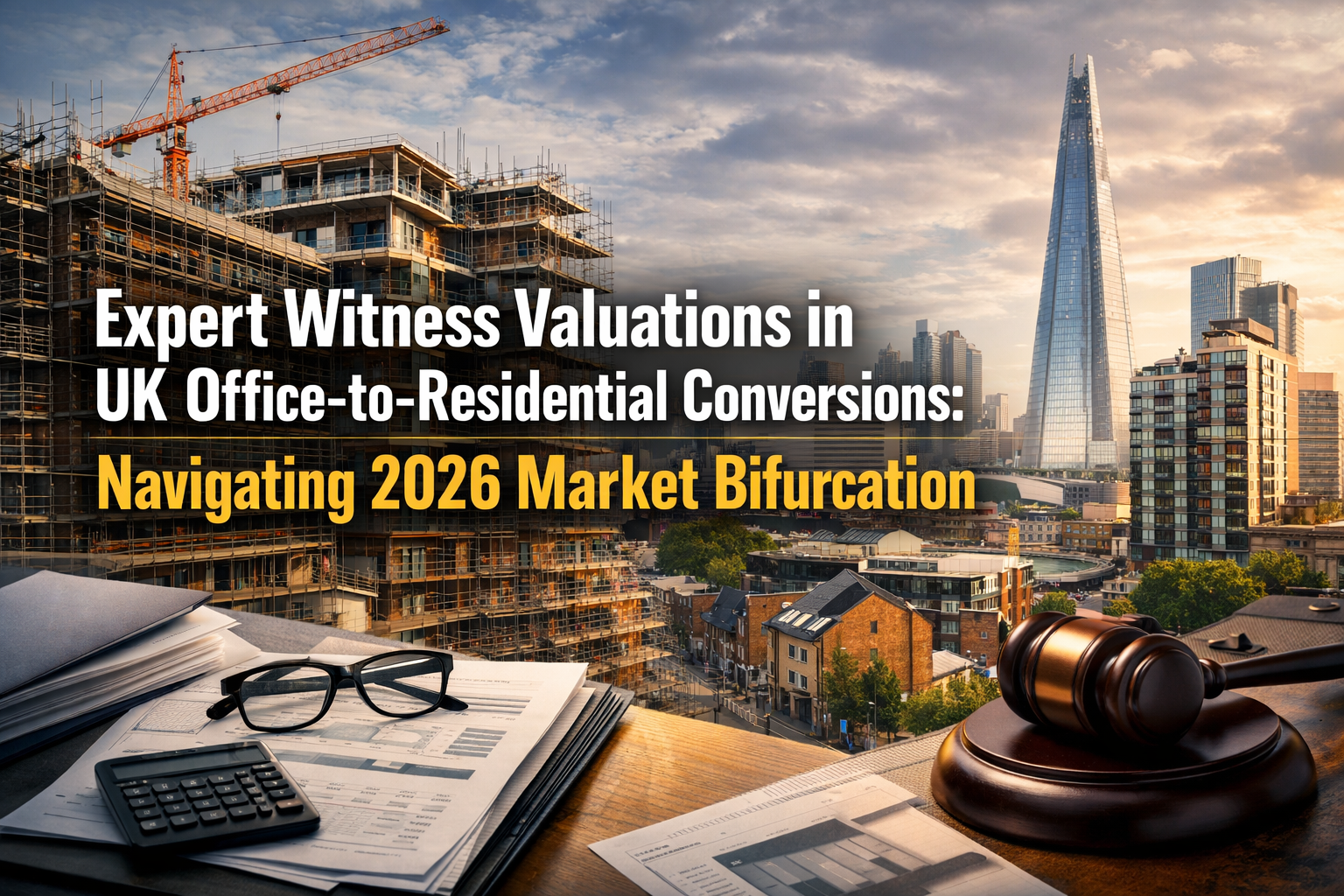 Professional landscape hero image () with : "Expert Witness Valuations in UK Office-to-Residential Conversions: Navigating