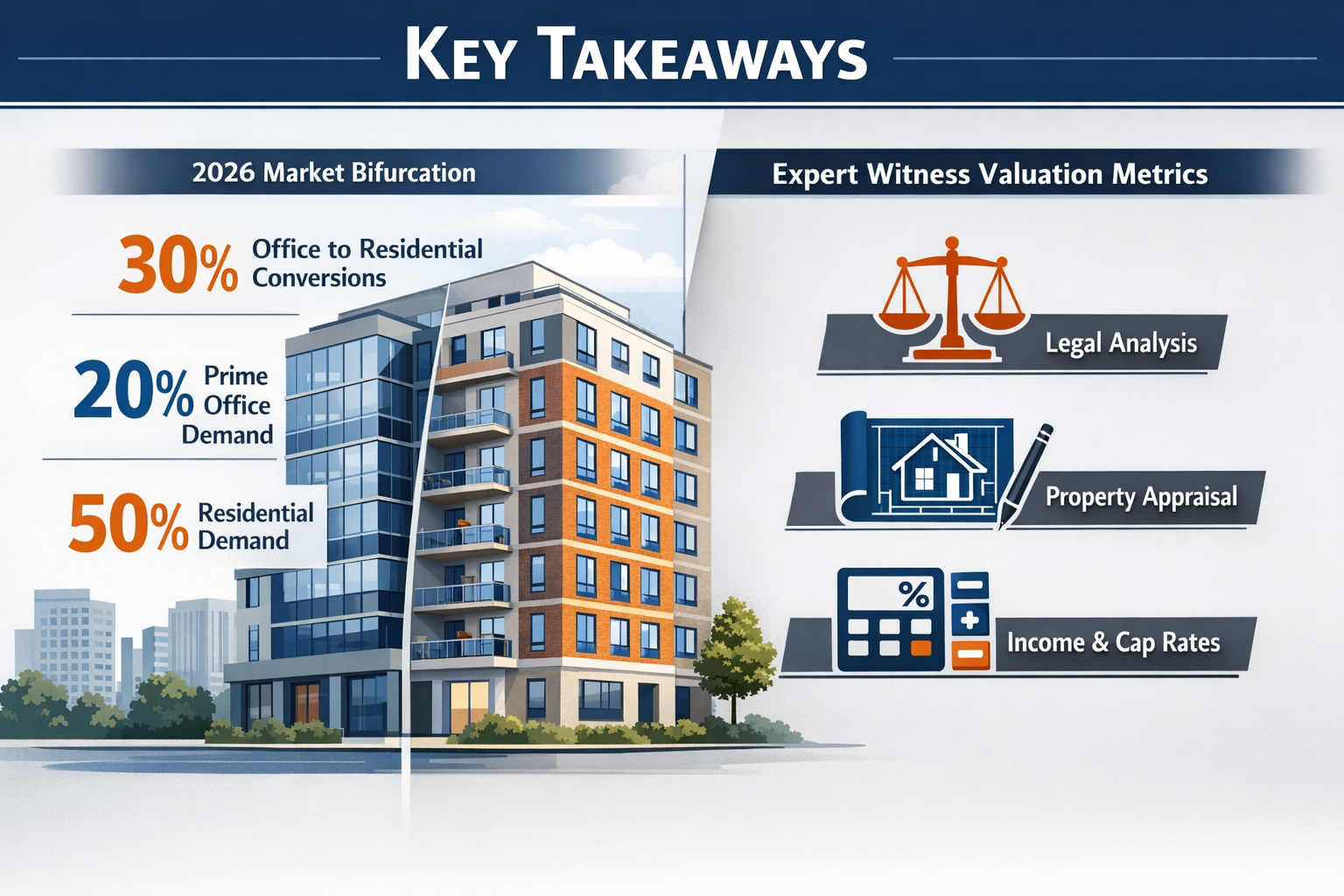 Key Takeaways section infographic with split-screen visual: Left side showing UK office building transforming into