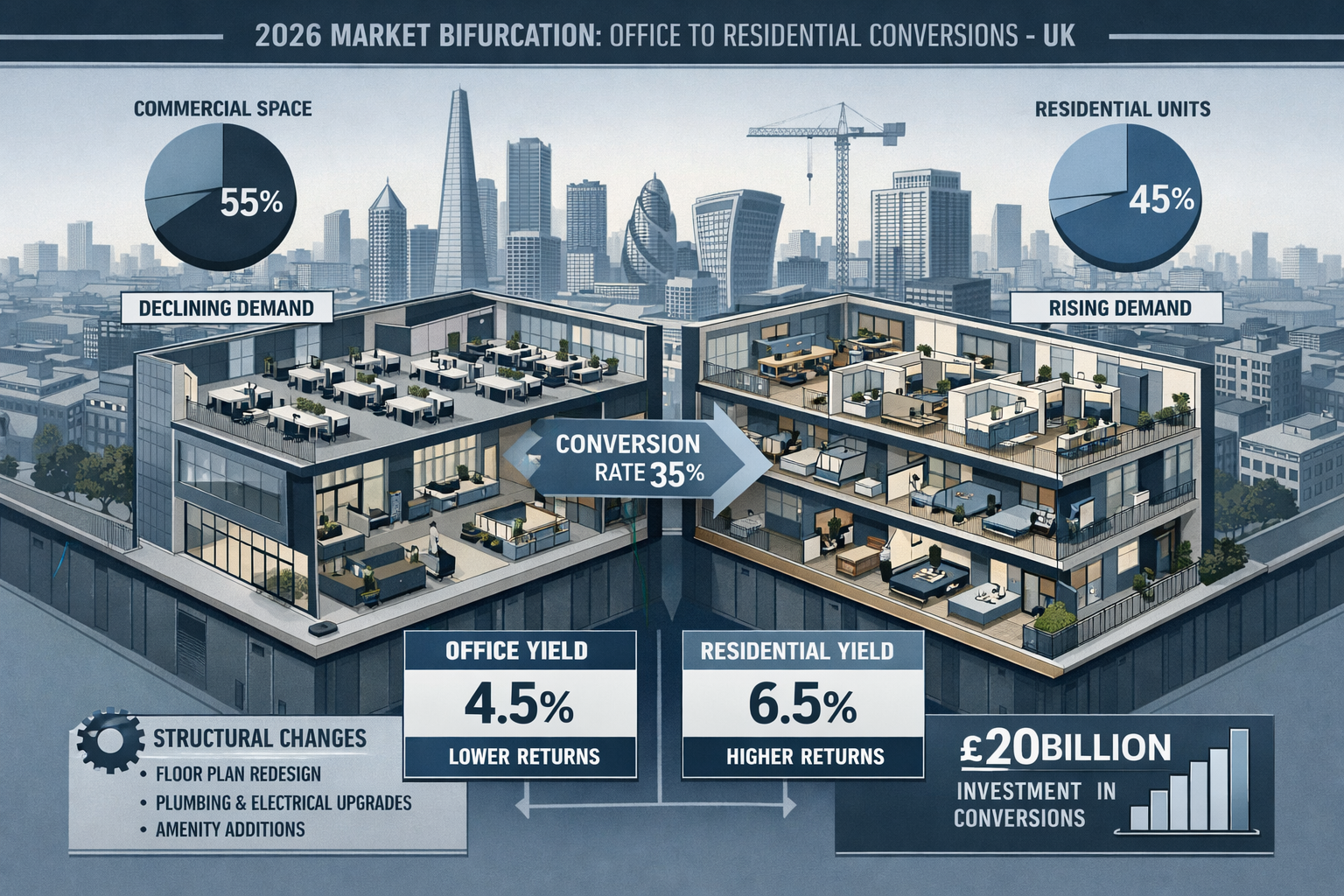 2026 Market Bifurcation visualization depicting UK urban landscape with architectural cross-section revealing