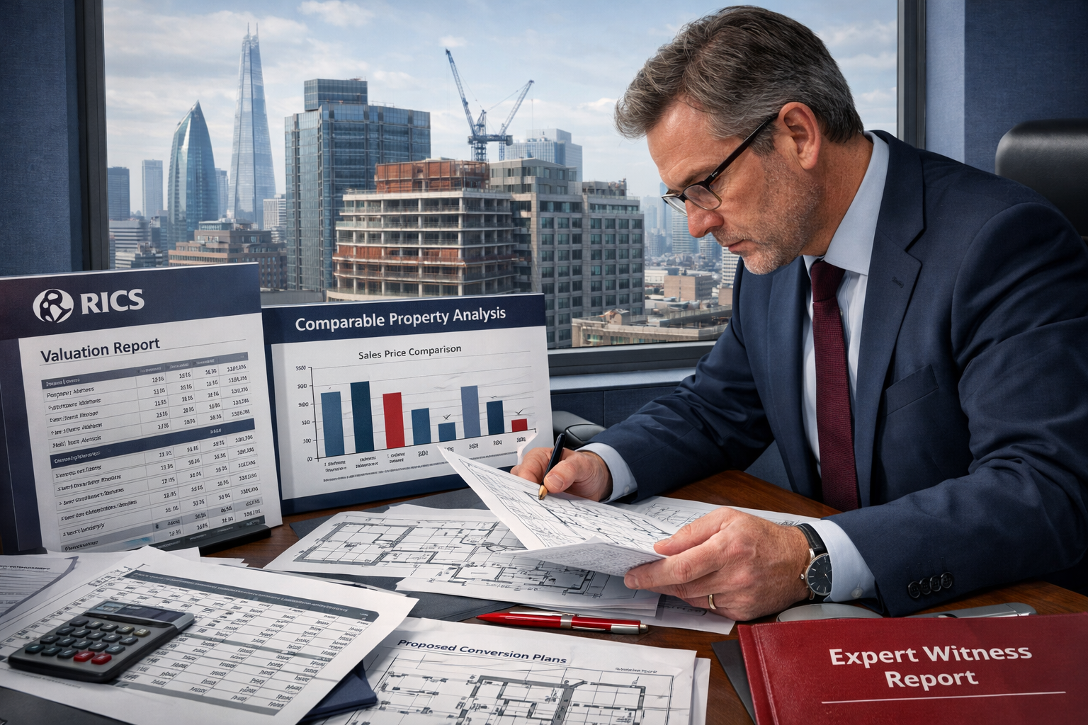 RICS Standards and Expert Witness Valuation scene featuring professional expert witness analyzing architectural blueprints