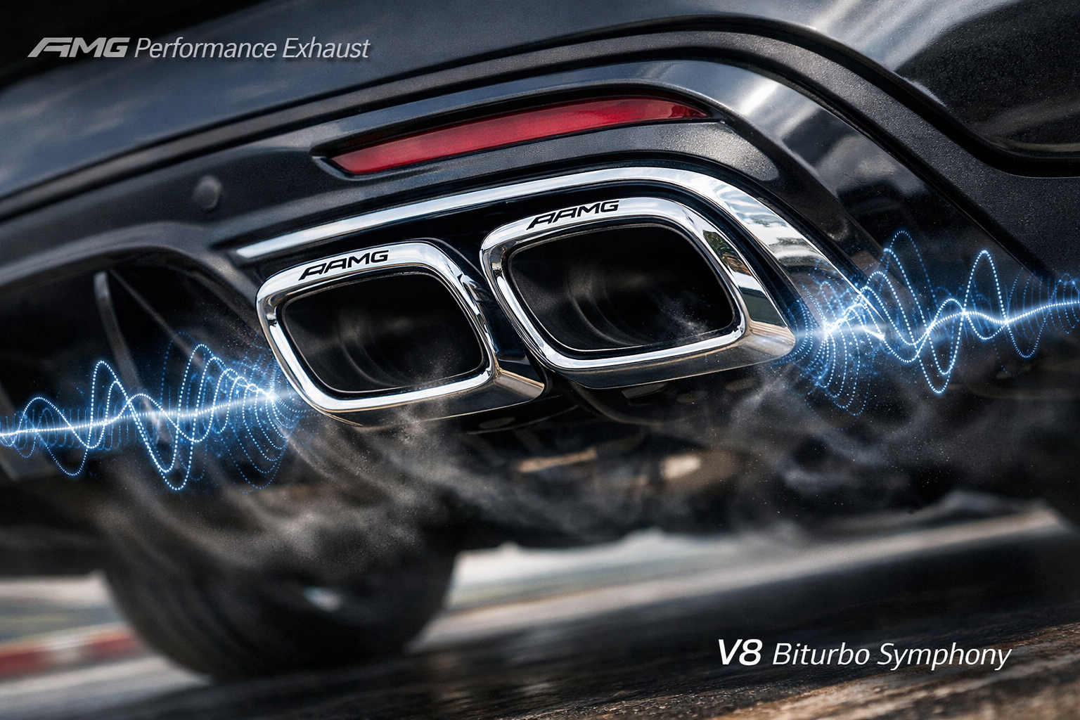 A close-up, dynamic shot of the 2026 Mercedes-AMG GLE 63S Coupe's exhaust tips, emitting a powerful, resonant sound wave visualized as subtl