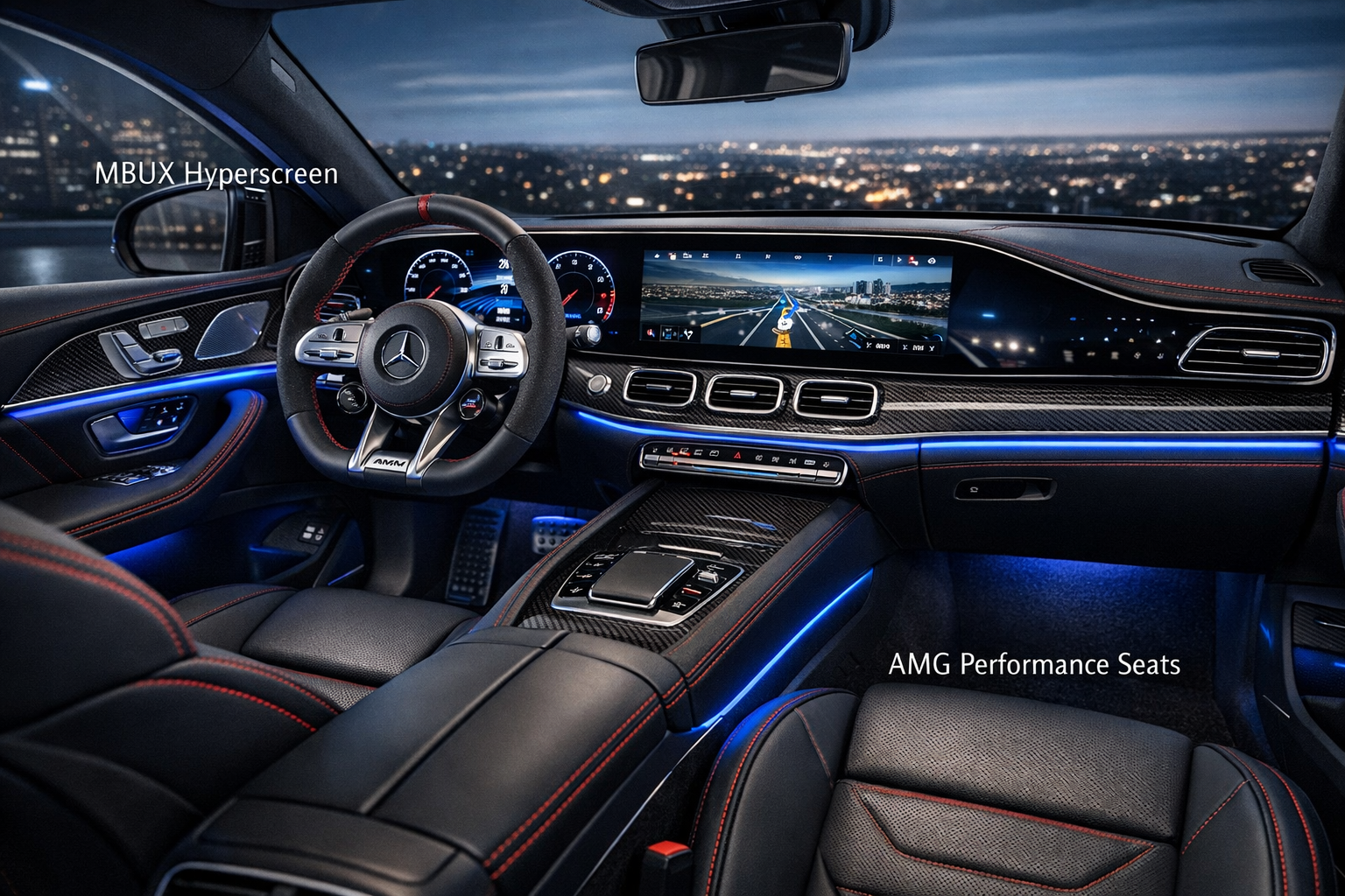 An interior shot of the 2026 Mercedes-AMG GLE 63S Coupe, showcasing the luxurious cabin with a focus on the dual digital displays, Nappa lea