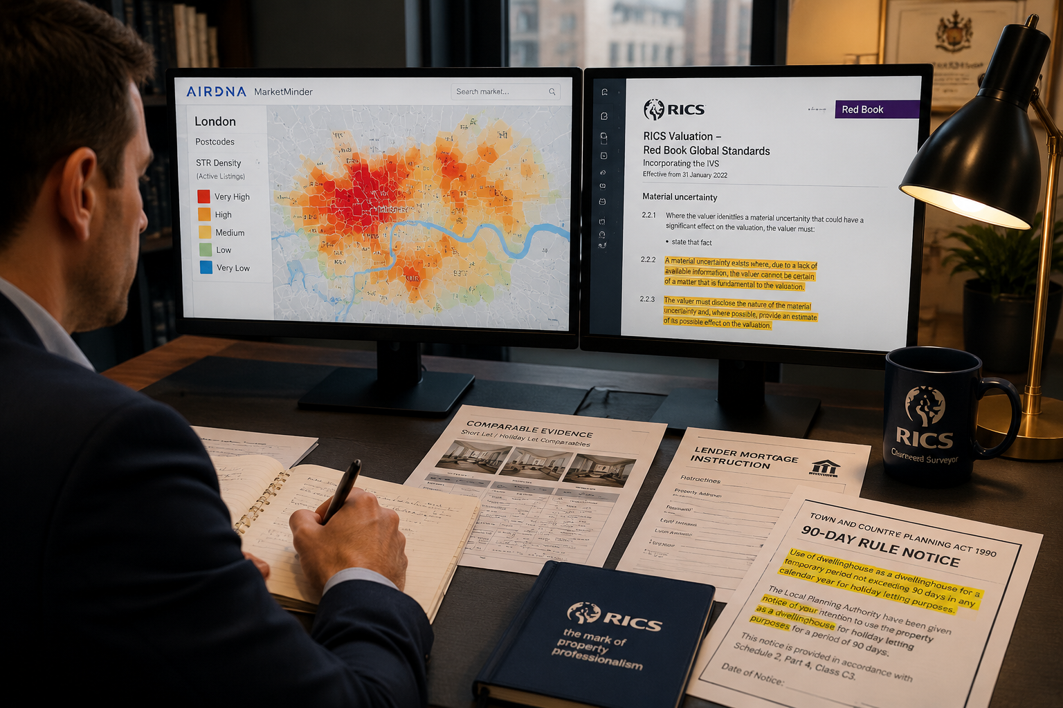 Detailed () editorial illustration showing a UK chartered surveyor at a desk reviewing a dual-screen setup: one screen