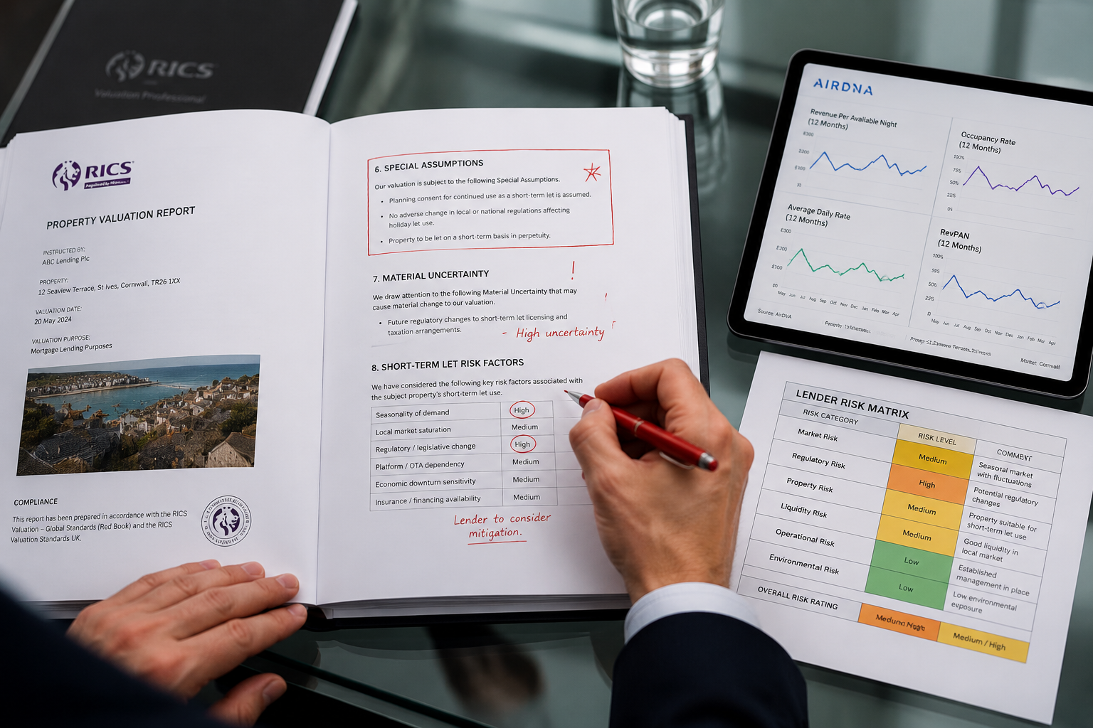 Close-up bird's-eye view of a UK property valuation report spread open on a glass boardroom table, showing annotated