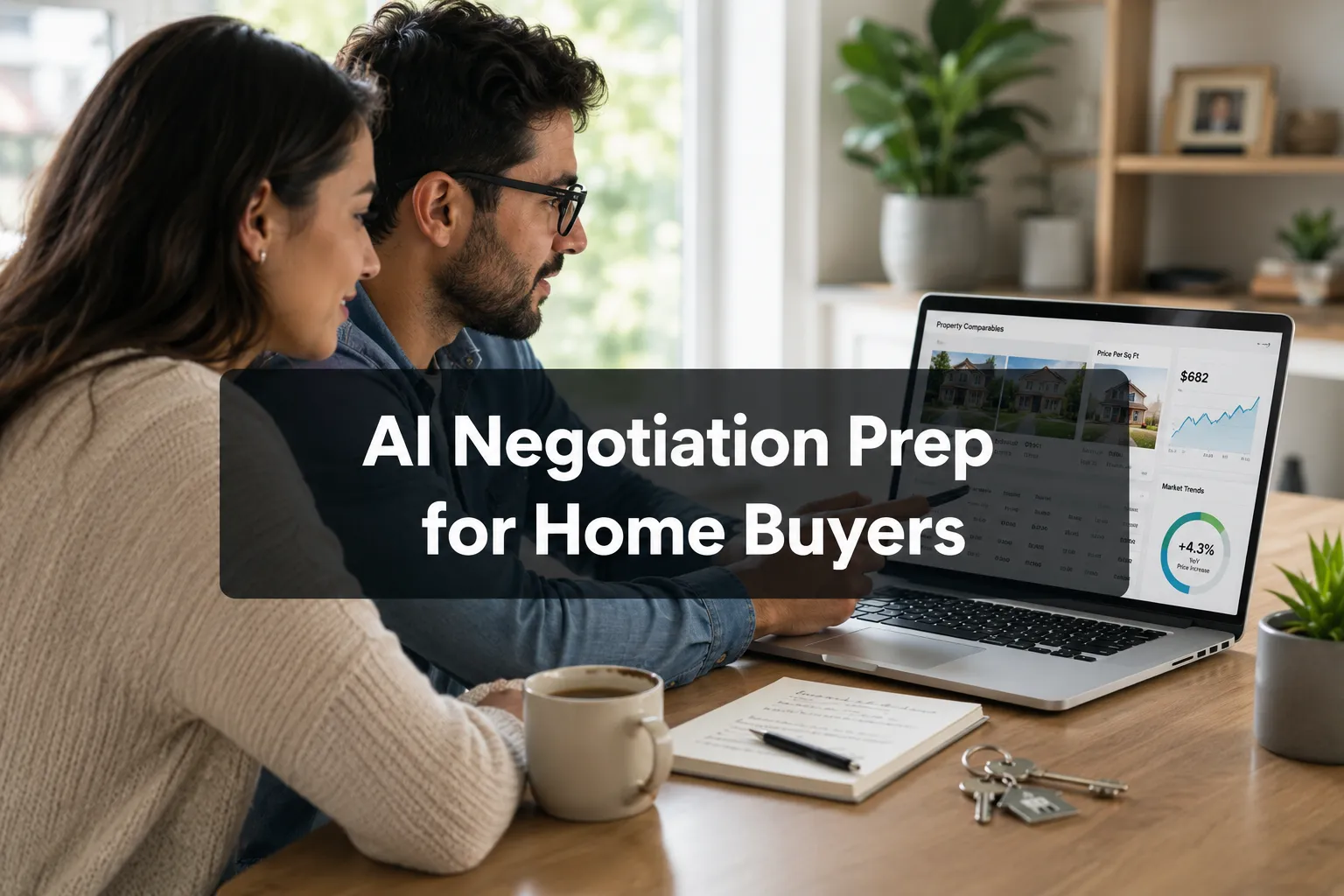 Professional () hero image with (≤42 chars): 'AI Negotiation Prep for Home Buyers' in crisp white on a dark semi-transparent