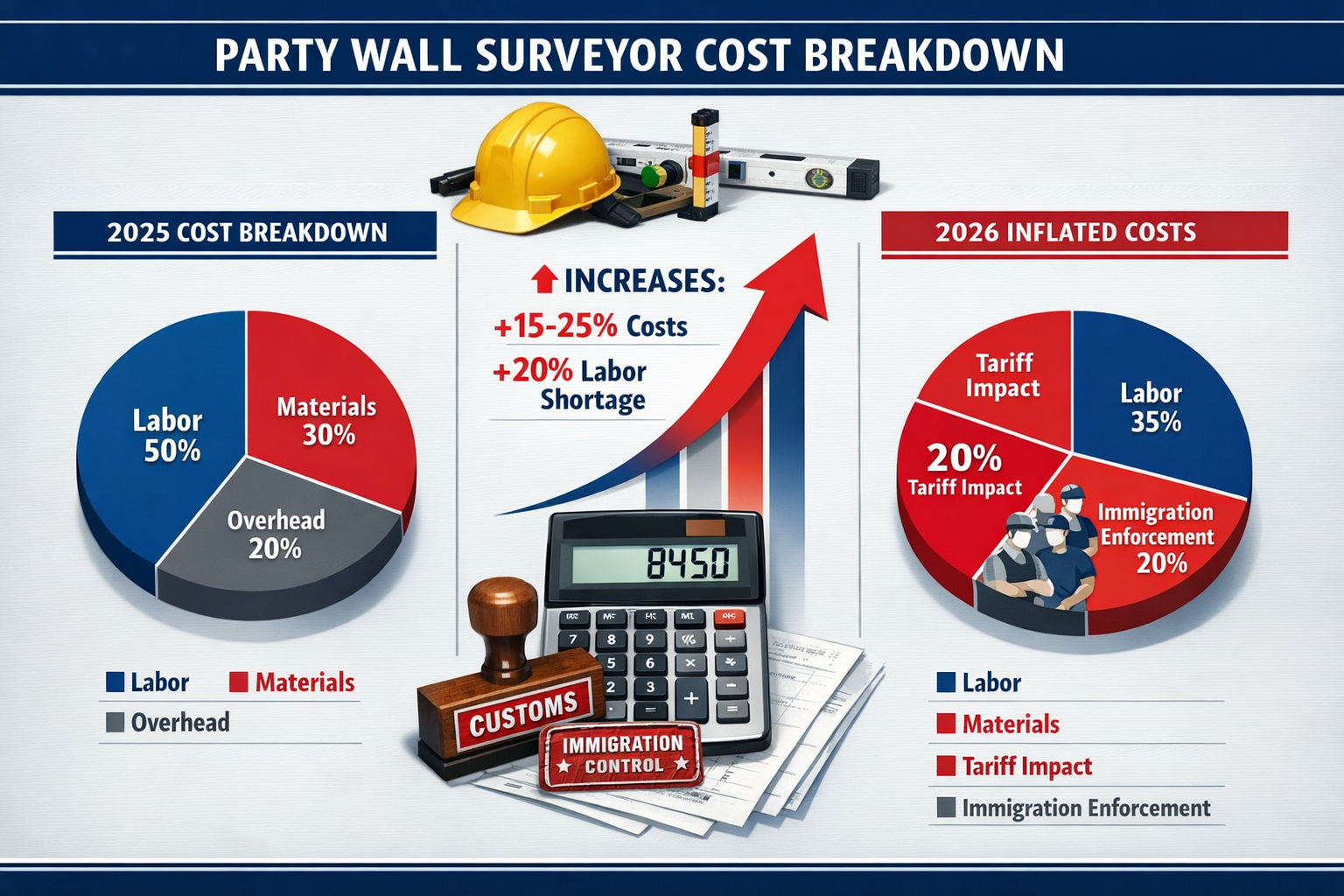 () detailed infographic showing side-by-side comparison of 2025 vs 2026 party wall surveyor cost breakdown. Left column