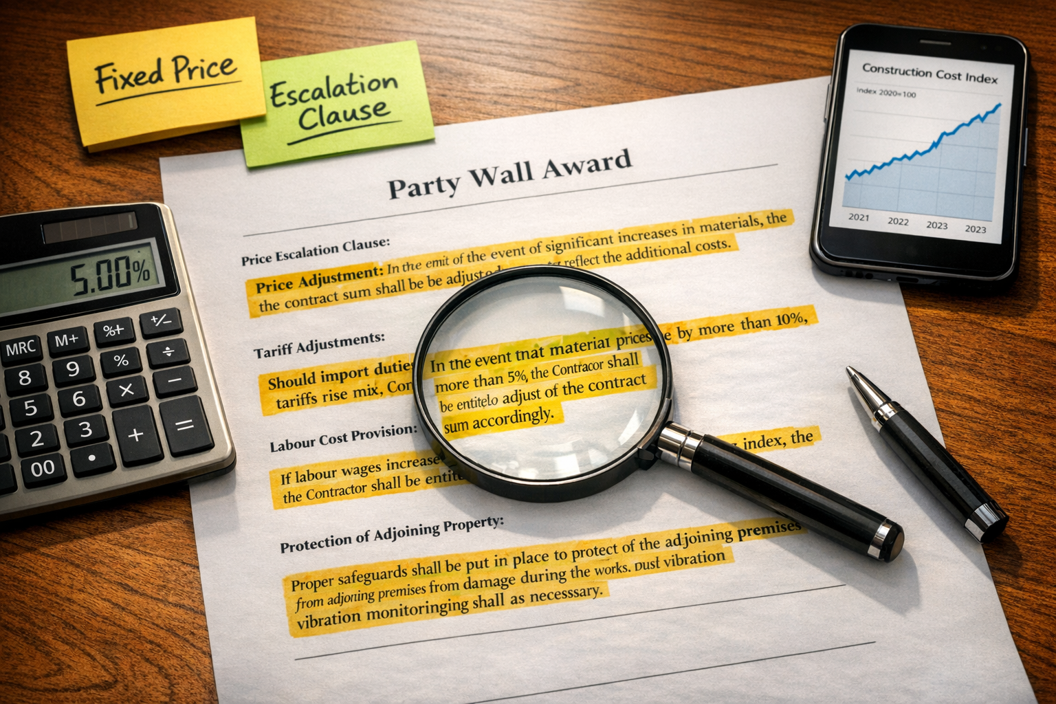 () professional photograph-style image of party wall award contract document on wooden desk with highlighted sections