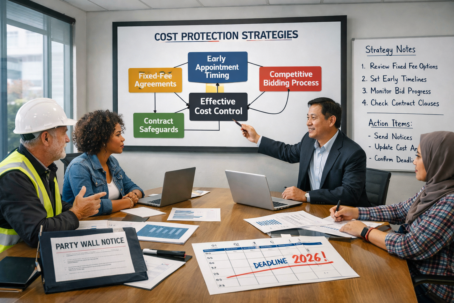 () strategic planning scene showing diverse property owners and surveyors in modern meeting room reviewing protective