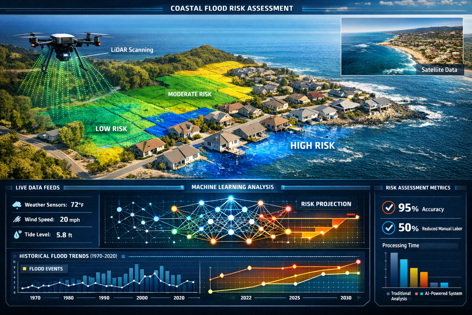 Detailed landscape format (1536x1024) image showing AI-powered risk prediction dashboard for coastal property assessment. Split composition: