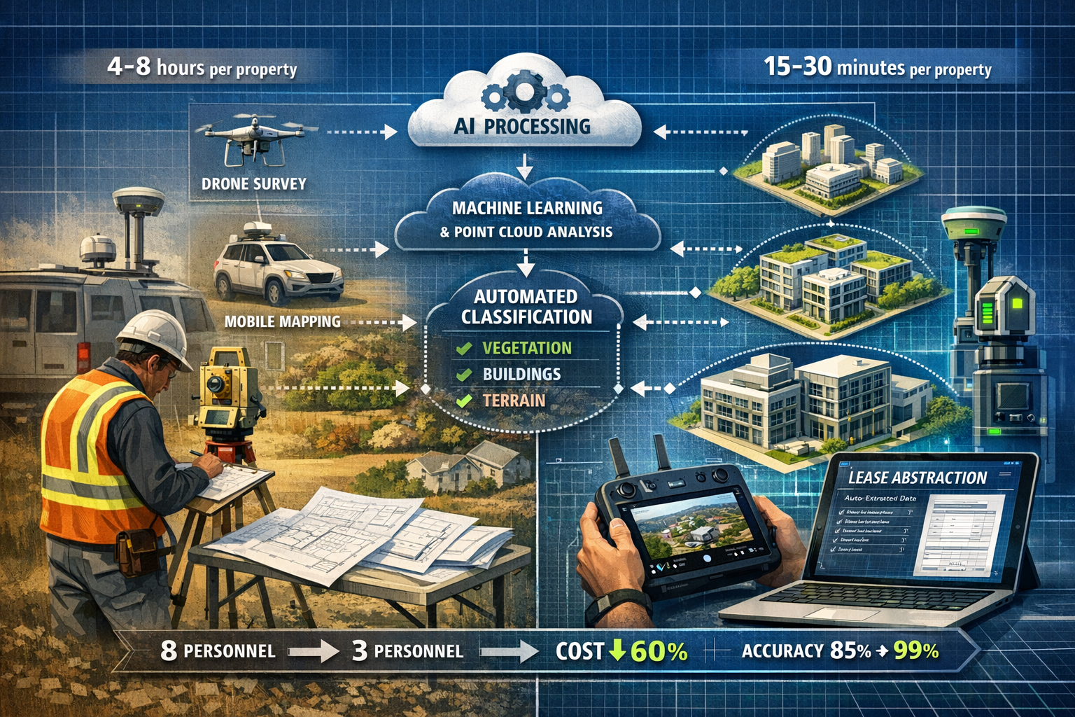 Detailed landscape format (1536x1024) image illustrating automated workflow transformation in property surveying. Central focus shows before