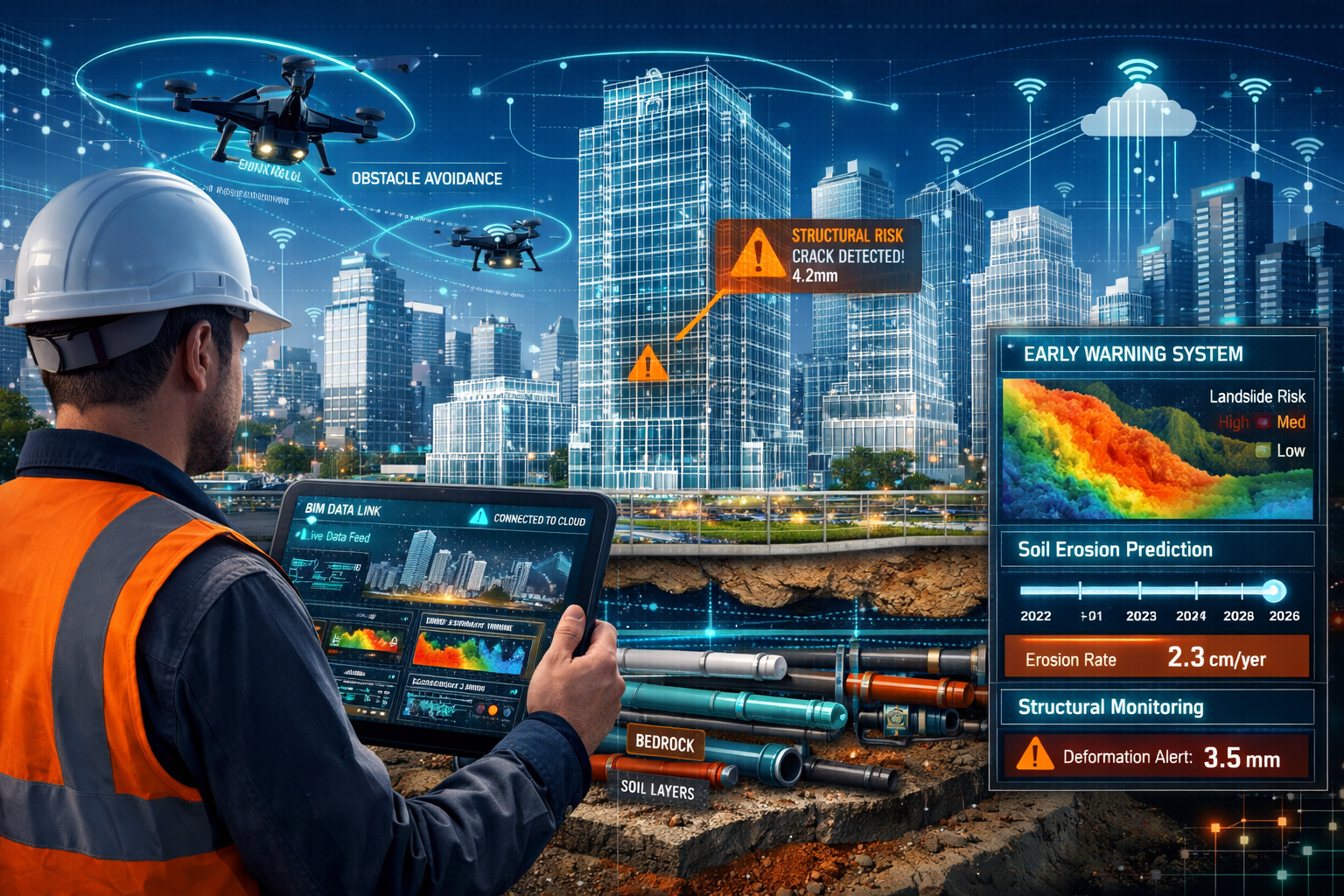 Detailed landscape format (1536x1024) image showcasing future of integrated surveying technology in urban environment. Panoramic view of mod