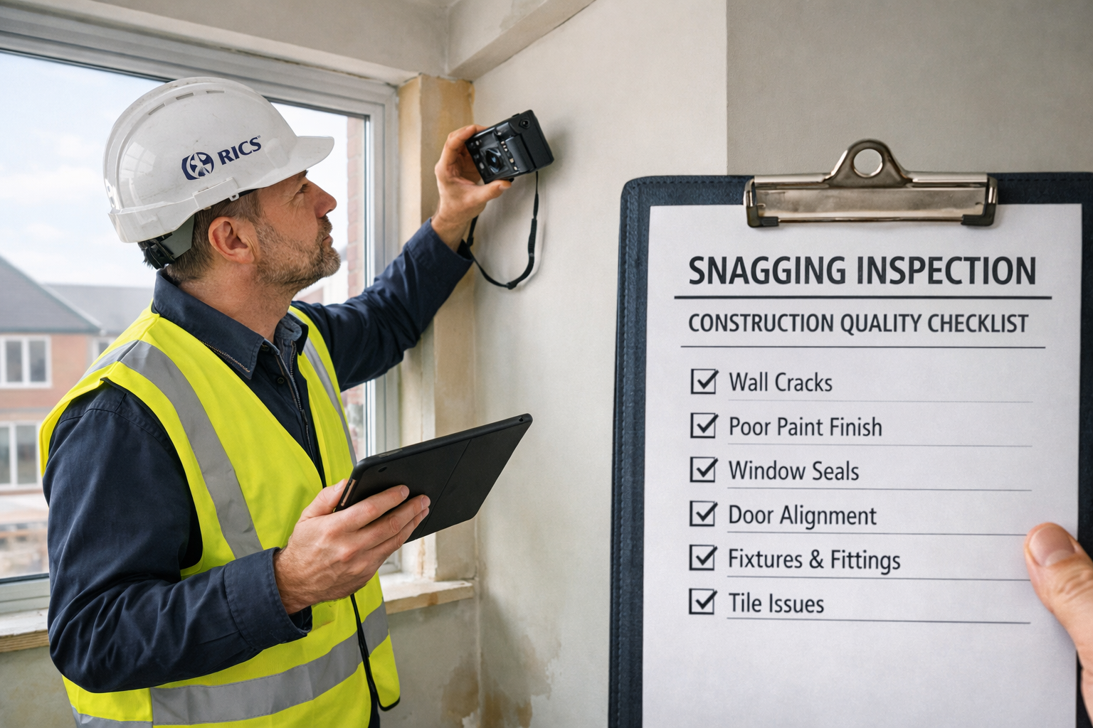 () editorial image showing professional RICS surveyor in high-visibility vest and hard hat conducting detailed snagging