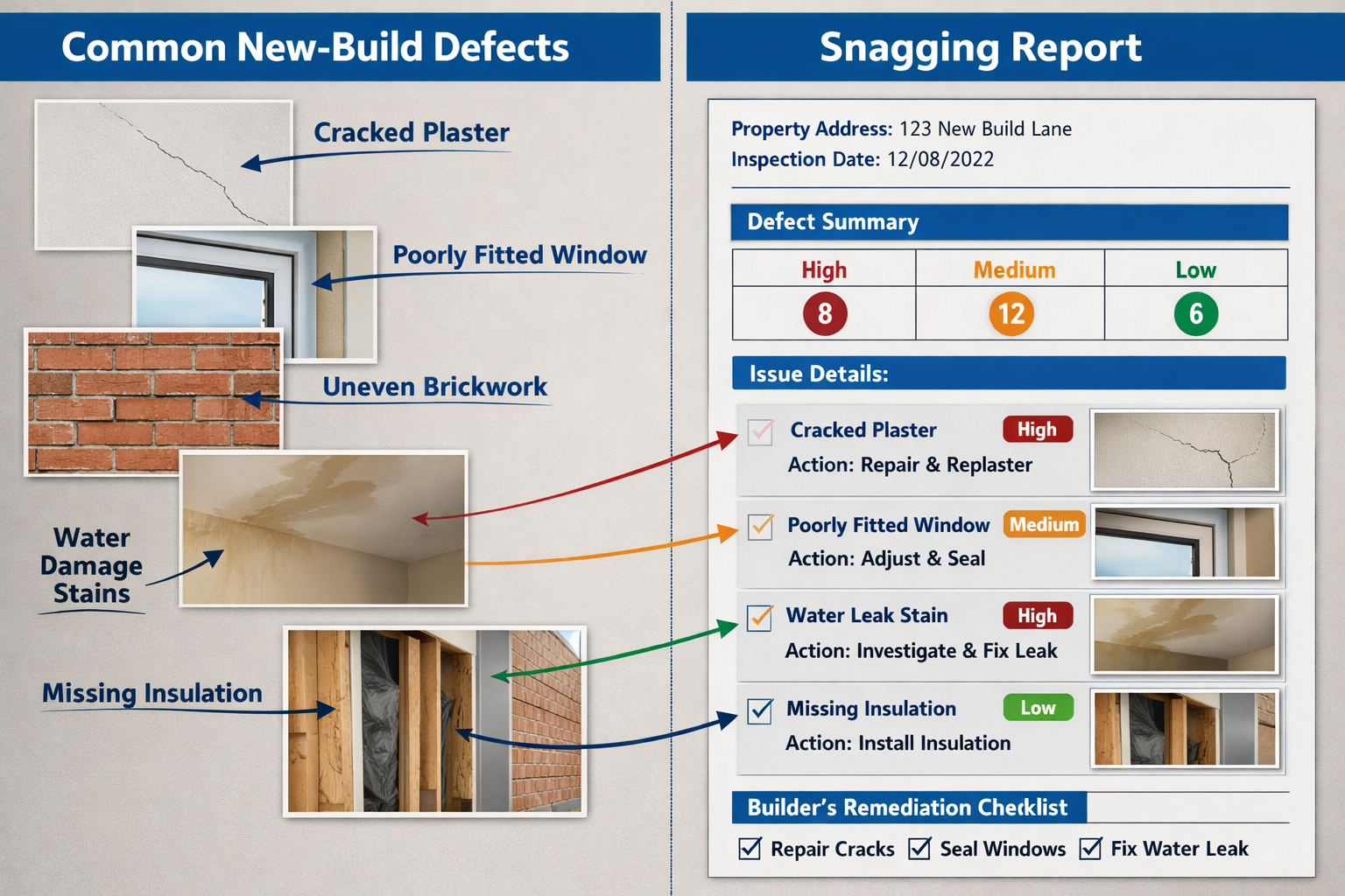 () infographic-style image displaying split-screen comparison: left side shows common new-build defects with labeled