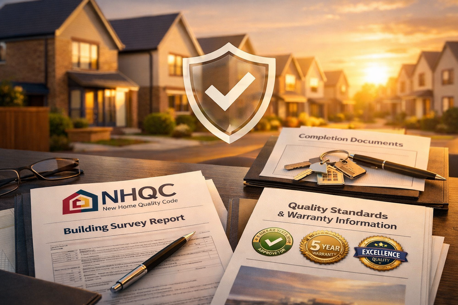 () conceptual business image showing homebuyer protection timeline: foreground displays professional building survey report